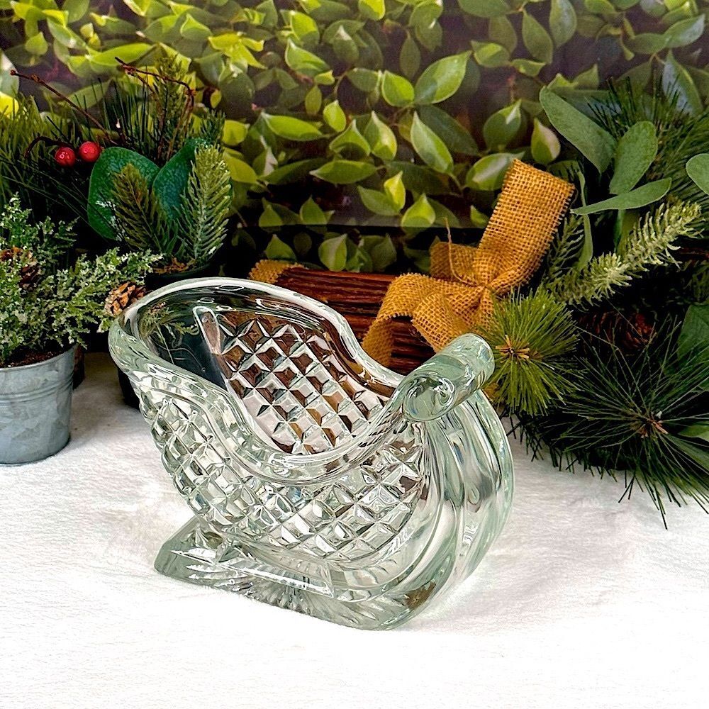 1980s VTG Antique Lead Crystal Sleigh Candy Dish Bow Holiday Christmas Decor